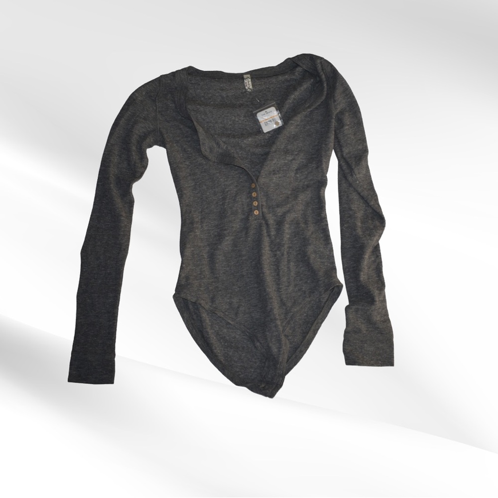Free People Gray Long Sleeve Bodysuit